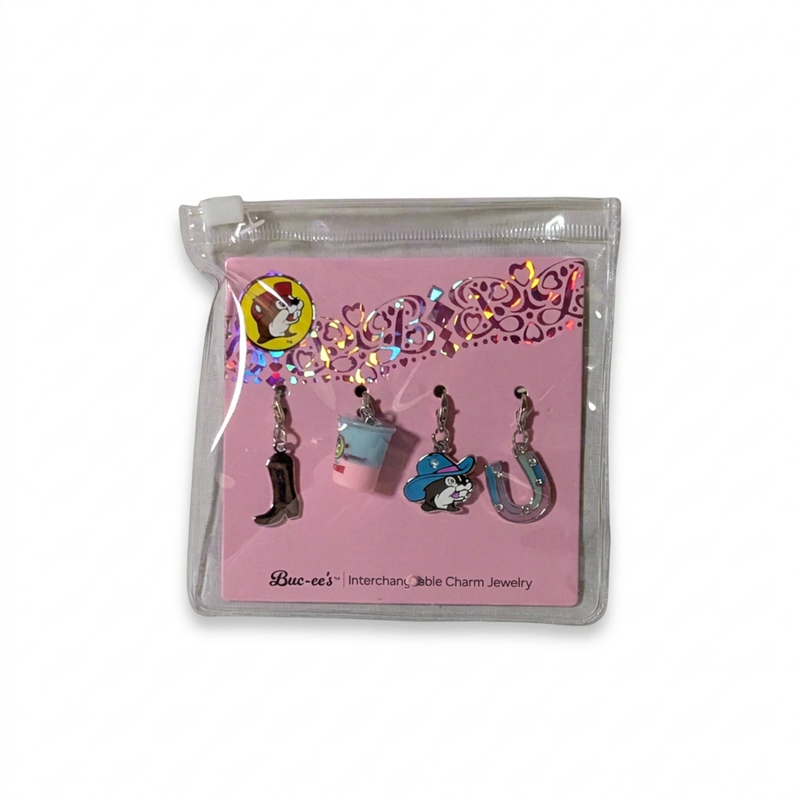 Buc-ee's Cotton Candy charm 4-pack with a cowboy boot, cotton candy tub, cowboy Buc-ee and horseshoe charm