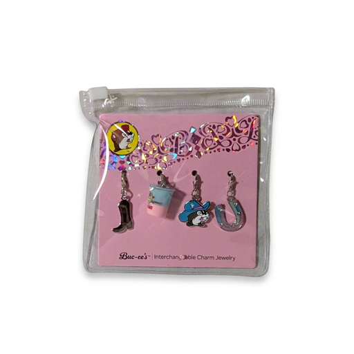 Buc-ee's Cotton Candy charm 4-pack with a cowboy boot, cotton candy tub, cowboy Buc-ee and horseshoe charm