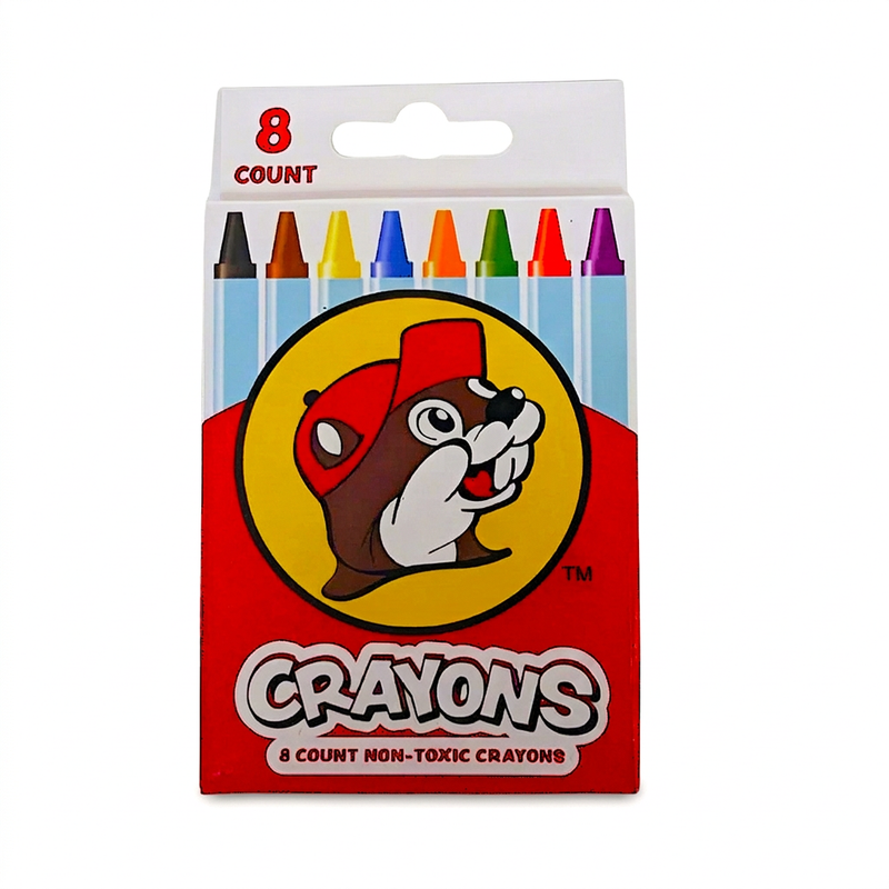 Buc-ee’s 8-count non-toxic crayons in a red and white box with the yellow beaver logo and eight crayon colors on front