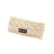 Buc-ee’s cream cable-knit headband, a winter ear warmer with ribbed edges and a small black wordmark label