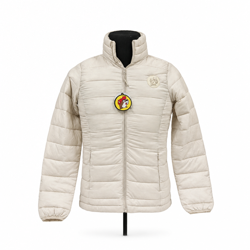 Buc-ee's Puffy Packable Winter Coat in cream, a quilted puffer jacket with stand collar and tonal beaver logo patch