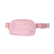 Buc-ee’s crossbody belt bag in pink with a zip top, adjustable buckle strap and small round beaver logo patch