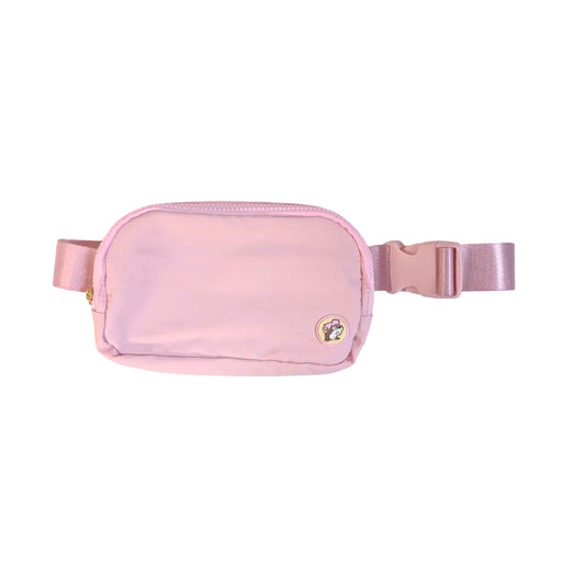 Buc-ee’s crossbody belt bag in pink with a zip top, adjustable buckle strap and small round beaver logo patch