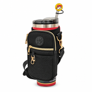 Buc-ee's Crossbody Tumbler Bag in black with gold zippers, a mesh pocket, an embossed beaver patch, and a red tumbler inside
