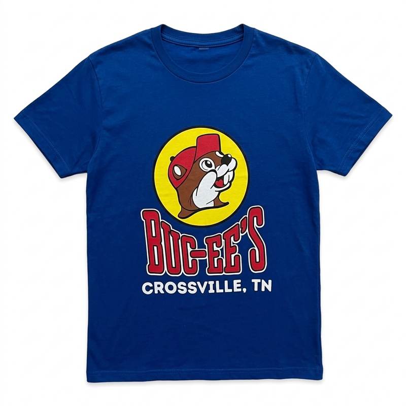 Buc-ee’s Crossville, TN location T-shirt in royal blue with beaver logo and red Buc-ee’s lettering