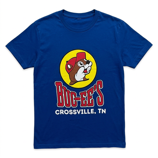 Buc-ee’s Crossville, TN location T-shirt in royal blue with beaver logo and red Buc-ee’s lettering