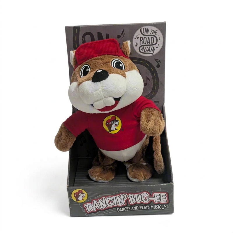 Buc-ee’s Dancin’ Buc-ee plush beaver in a red cap and T-shirt that dances and plays music, in its gray display box
