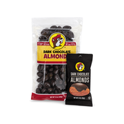 12 oz bag and 2 oz pouch of Buc-ee's Dark Chocolate Almonds side by side, on white