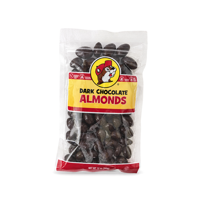 12 oz clear bag of Buc-ee's Dark Chocolate Almonds with yellow and red label, on white