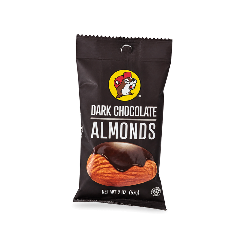 2 oz black pouch of Buc-ee's Dark Chocolate Almonds, front view on white