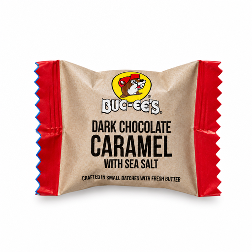 Buc-ee's Dark Chocolate Caramel with Sea Salt, a single individually wrapped candy in a kraft and red twist wrapper
