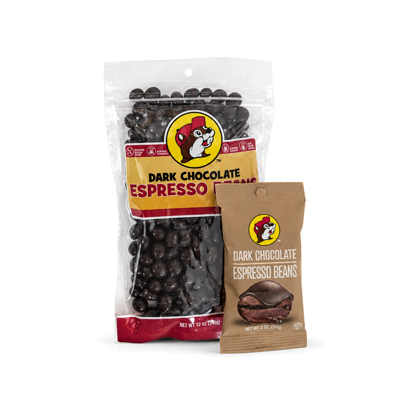 Buc-ee's Dark Chocolate Espresso Beans in a 12 oz clear bag and a 2 oz snack pouch, chocolate-covered coffee beans