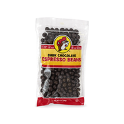 Buc-ee's Dark Chocolate Espresso Beans in a 12 oz clear bulk bag, chocolate-covered coffee beans for snacking and sharing
