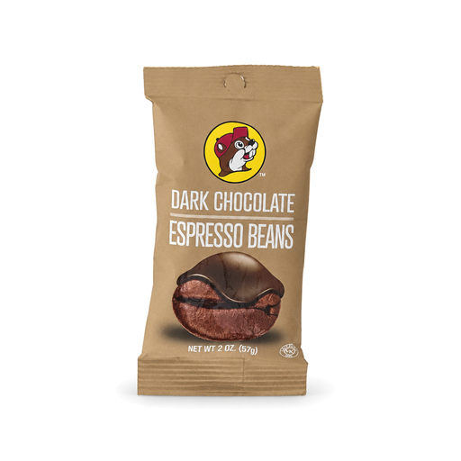 Buc-ee's Dark Chocolate Espresso Beans in a 2 oz kraft snack pouch, a grab-and-go chocolate coffee bean treat
