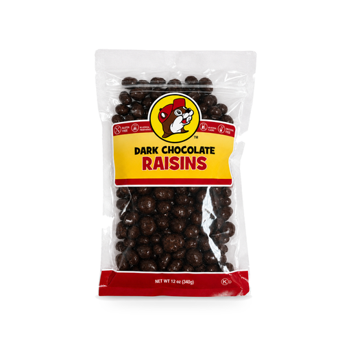 Buc-ee's Dark Chocolate Raisins in a 12 oz clear bag, gluten free with no artificial flavors or preservatives