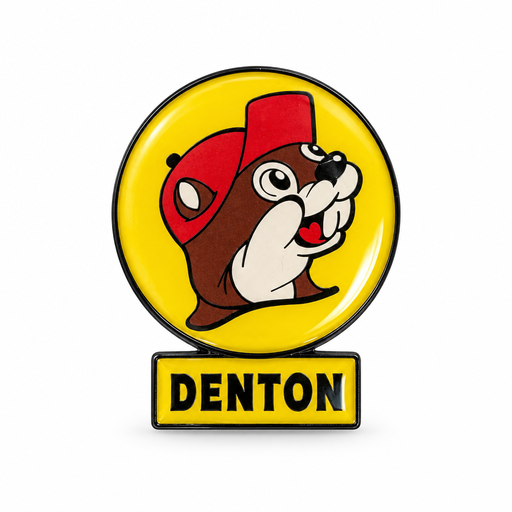 Buc-ee's Denton magnet with a glossy yellow enamel finish, the beaver mascot in a red cap, and a DENTON nameplate