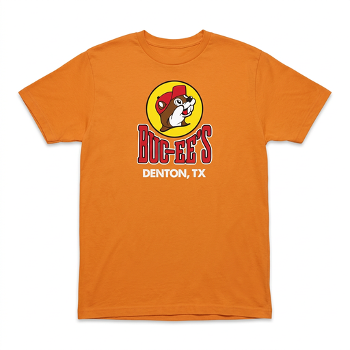 Buc-ee’s orange Denton, Texas location t-shirt with the yellow beaver logo, red wordmark, and “Denton, TX”