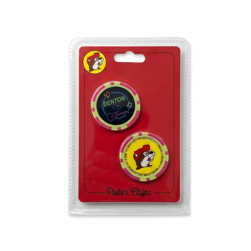 Buc-ee’s Denton, TX Collectible Poker Chips 2-pack with a neon guitar and Texas design chip and a beaver logo chip