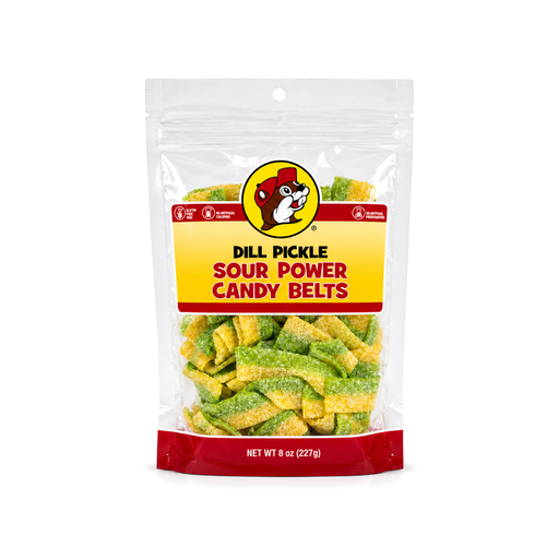 Buc-ee's Dill Pickle Sour Power Candy Belts in an 8 oz clear bag, gluten free sour candy with green and yellow stripes