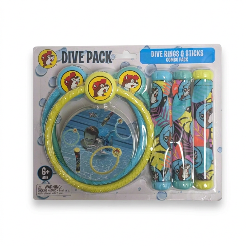 Buc-ee’s Dive Pack with 3 yellow and teal dive rings and 3 tropical print dive sticks for pool play, ages 6 and up
