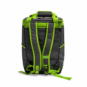 Back of the Buc-ee's Dockside Backpack Cooler showing padded shoulder straps with lime green trim and adjustable webbing