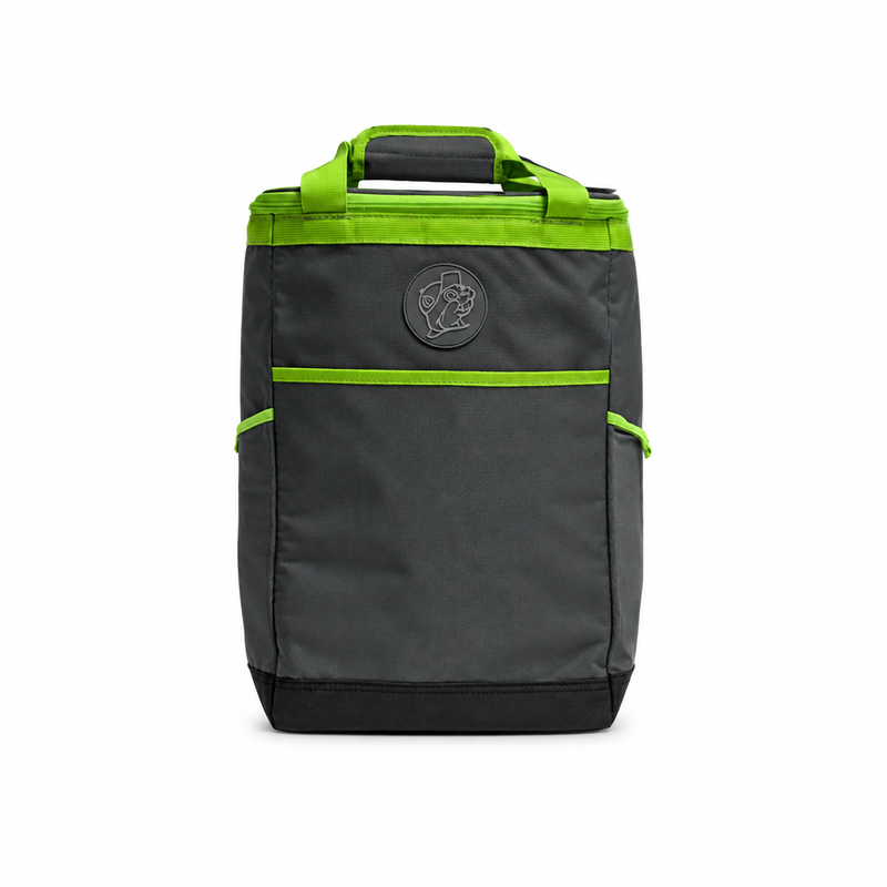 Buc-ee's Dockside Backpack Cooler in charcoal gray with lime green trim, beaver logo patch, and top carry handle