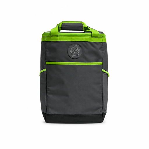Buc-ee's Dockside Backpack Cooler in charcoal gray with lime green trim, beaver logo patch, and top carry handle