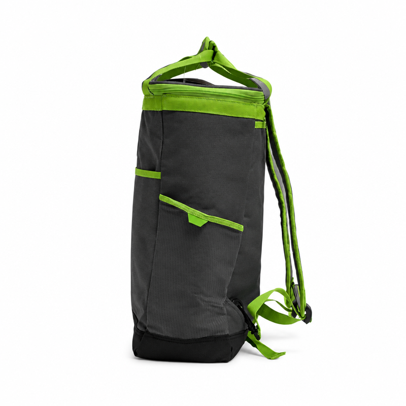 Side of the Buc-ee's Dockside Backpack Cooler showing a slip pocket with lime green trim and a pull tab