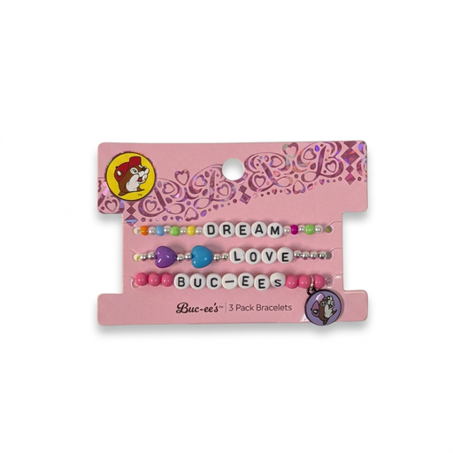 Buc-ee’s 3-Pack Bracelets in Dream Love Buc-ees, beaded letter bracelets with rainbow, silver, and pink beads plus heart beads and a beaver charm