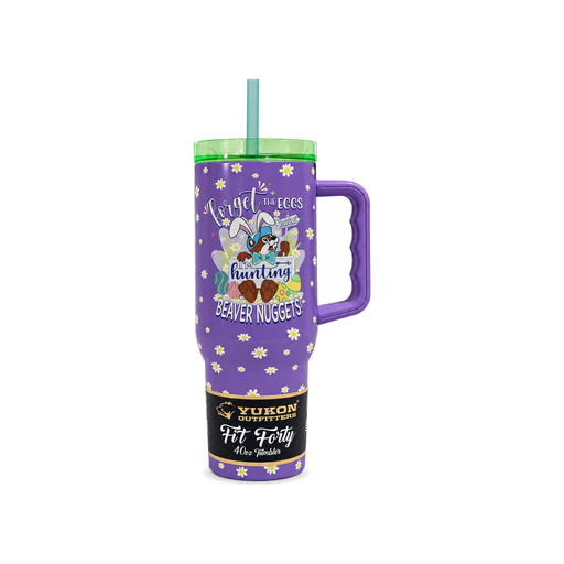 Buc-ee's 2025 Easter tumbler by Yukon Outfitters, 40 oz, purple daisy print with 'I'm Hunting Beaver Nuggets' bunny design
