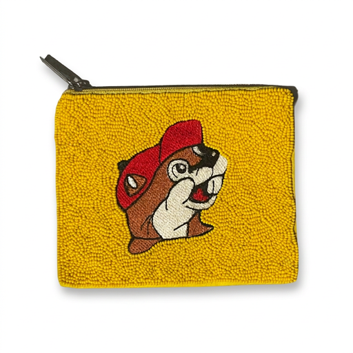 Buc-ee’s Embroidered Beaded Pouch with the beaver mascot stitched over yellow seed beads and a zipper top