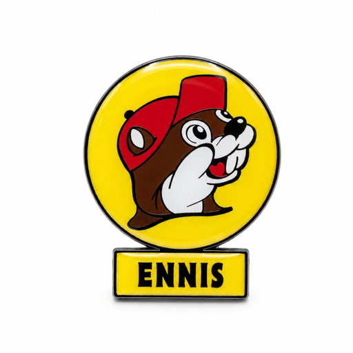 Buc-ee's Ennis souvenir magnet featuring the smiling beaver mascot in a red cap above a yellow Ennis nameplate