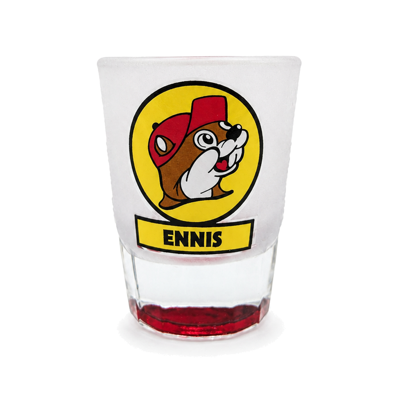 Frosted Buc-ee's Ennis shot glass with yellow Buc-ee the Beaver logo and red base