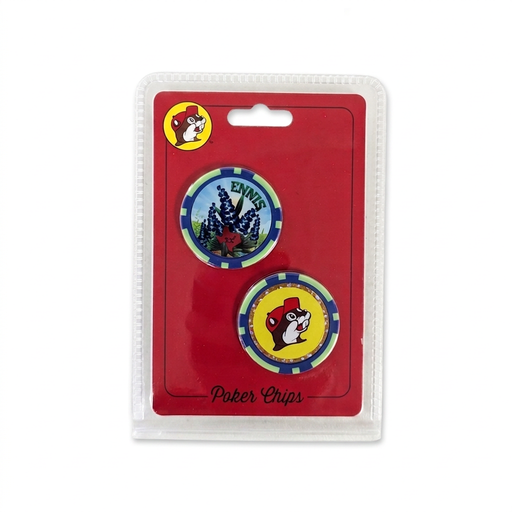 Buc-ee’s Ennis, TX Collectible Poker Chips 2-pack with a bluebonnet and Texas outline design chip and a beaver logo chip