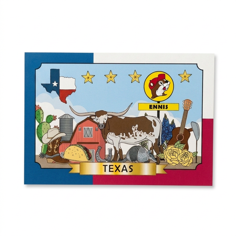 Buc-ee’s Ennis, TX Postcard with a Texas flag border, a longhorn, red barn, armadillo, bluebonnets, and a Buc-ee’s “Ennis” sign