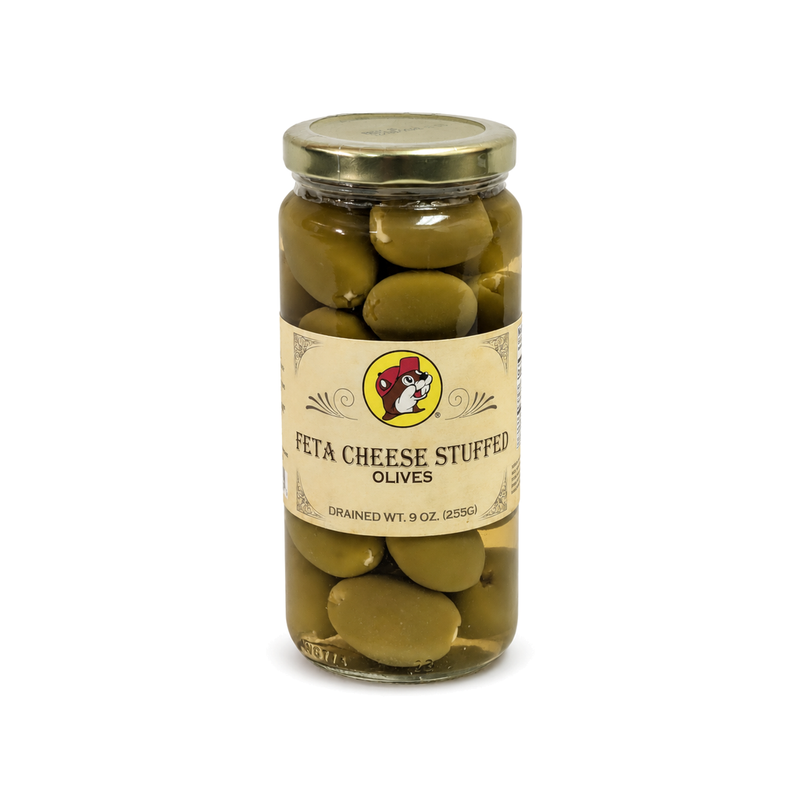 9 oz jar of Buc-ee's Feta Cheese Stuffed Olives with Buc-ee's label, on white