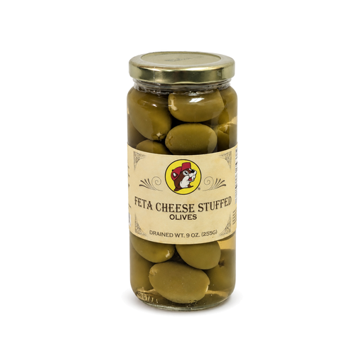 Buc-ee's Feta Cheese Stuffed Olives in a 9 oz glass jar, large green olives for martinis, charcuterie boards and snacking