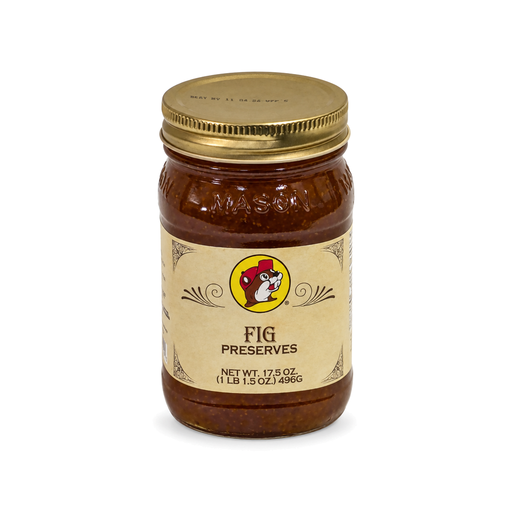 17.5 oz mason jar of Buc-ee's Fig Preserves with gold lid and Buc-ee's label, on white