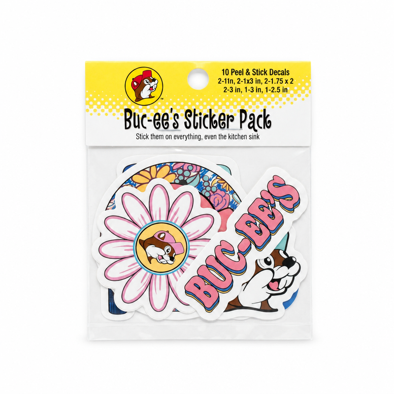 Buc-ee's floral sticker pack with daisy Buc-ee and "Buc-ee's" decals in package