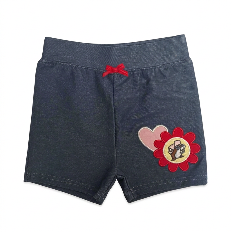 Buc-ee’s Flower Heart Shorts in denim-look knit with a red bow and a pink heart and red flower beaver patch