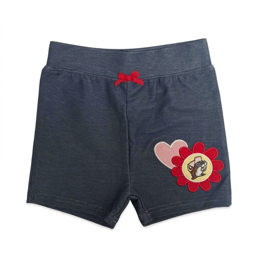 Buc-ee’s Flower Heart Shorts in denim-look knit with a red bow and a pink heart and red flower beaver patch