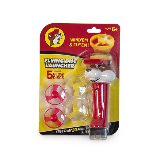 Buc-ee’s Flying Disc Launcher with a beaver head handle and 5 red and yellow glow discs, for ages 5 and up