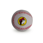 Buc-ee’s Foam Baseball in white with red stitch-style seams and the beaver logo in a yellow circle on the front