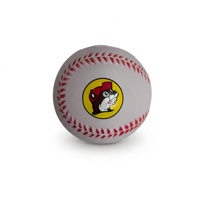 Buc-ee’s Foam Baseball in white with red stitch-style seams and the beaver logo in a yellow circle on the front