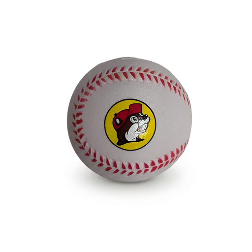 Buc-ee’s Foam Baseball in white with red stitch-style seams and the beaver logo in a yellow circle on the front