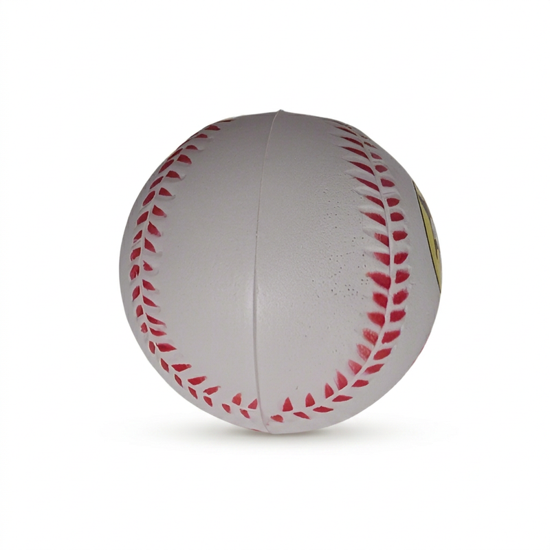 Side view of the Buc-ee’s Foam Baseball showing the curved red stitch-style seams and the molded seam line of the foam