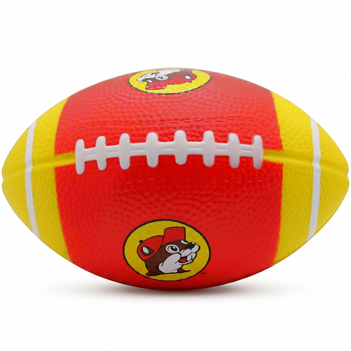 Buc-ee’s red and yellow foam football with white laces and stripes, a pebbled texture and two beaver logos