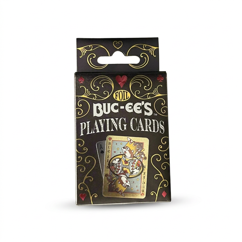 Buc-ee’s Foil Playing Cards in a black box with gold swirl accents and a gold king card featuring the crowned beaver