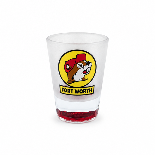 Frosted Buc-ee's Fort Worth shot glass with Buc-ee the Beaver logo