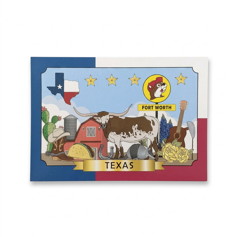 Buc-ee’s Fort Worth, Texas postcard with a longhorn, red barn, bluebonnets and armadillo on a Texas flag border
